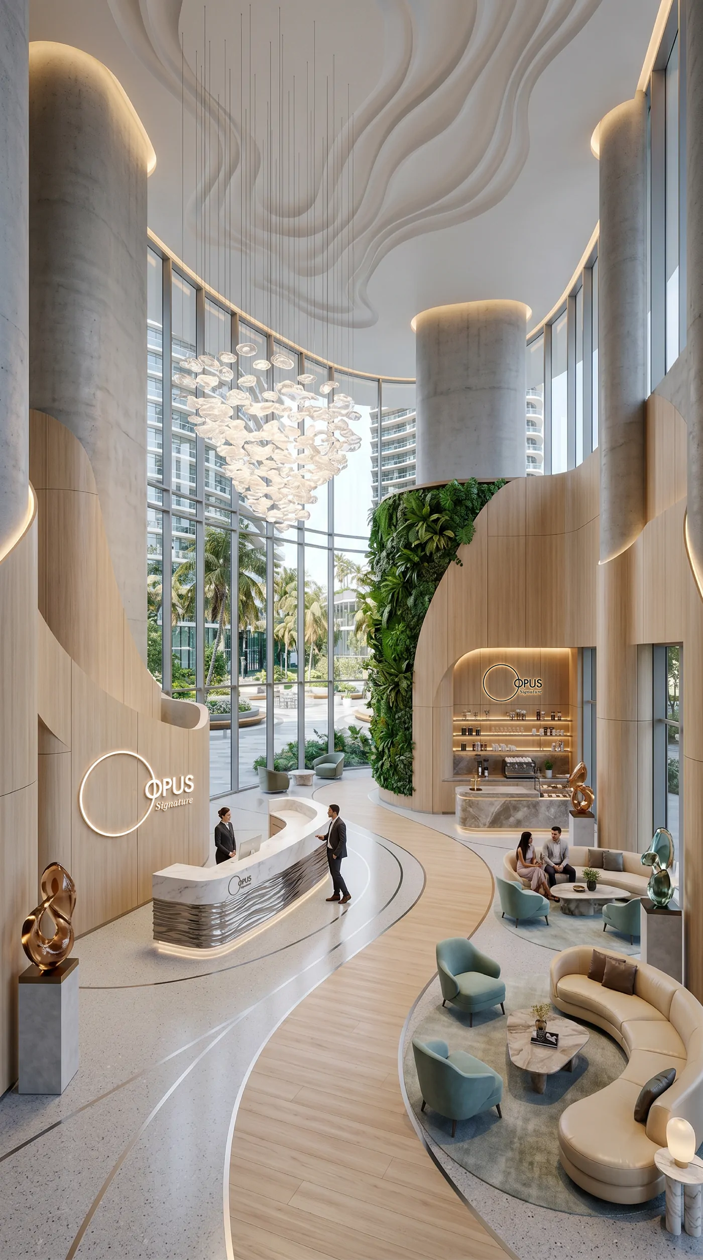 OPUS Signature grand lobby atrium with cascade chandelier and green wall